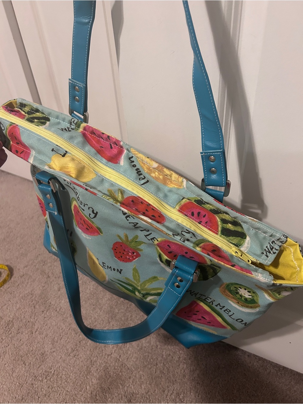 Handmade Tropical Blue Fruit-Print Canvas Tote Bag with Zipper and Teal Trim - Picture 3 of 4